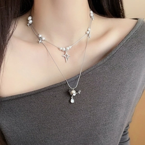 Elegant Layered Necklace Alloy Zircon Faux Artificial Pearl Planet Pendant Teardrop Crystal Starburst Korean Fashion Aesthetic Women