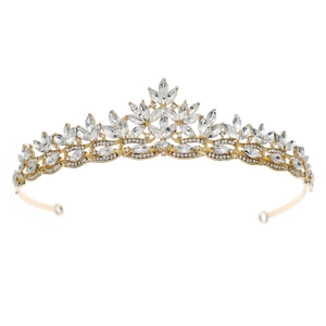 Elegant gold bridal crown featuring marquise rhinestones and crystals on white background
