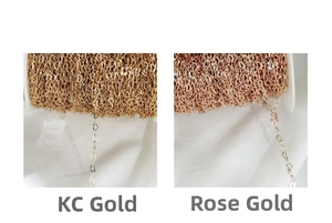 Detailed close-up of hollow heart-shaped copper chains in KC gold and rose gold finishes