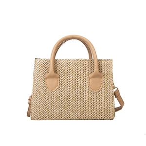 Retro PP woven small square crossbody bag for women with leather handle and V-pattern texture
