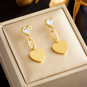 Gold plated heart drop earrings with sparkling cubic zirconia in a premium gift box