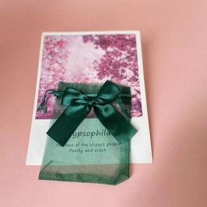 Detail of green organza gift bag with sweet bow and floral card on pink background