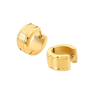 Golden C-shaped stainless steel huggie earrings with brushed center and polished edges