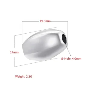 Detailed view of silver metallic olive-shaped bead with 4mm hole for DIY jewelry making