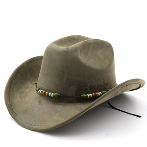 Close-up of olive green suede cowboy hat with ethnic beads and windproof rope detail