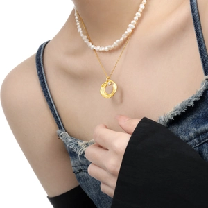 S925 Sterling silver layered necklace with freshwater pearls and a gold hollow pendant