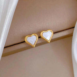 Minimalist heart-shaped titanium steel earrings with white shell inlay in gold plating