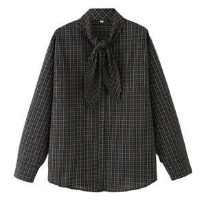 Women Cotton Plaid Shirt Long Sleeve Tie Neck Bowknot Loose Casual Button Down Check Blouse Elegant Tops