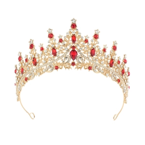 Elegant gold metal tiara with red and clear rhinestones for bridal party or birthday queen