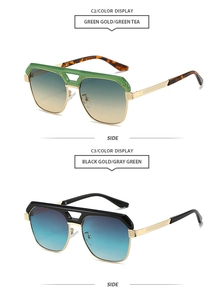 Vue latérale de lunettes de soleil oversize à double pont en métal doré-vert et doré-noir