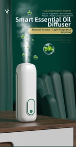Close-up of a white smart fragrance diffuser with wall-mount feature and minimalist design