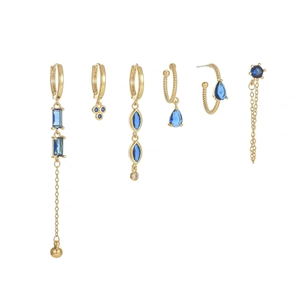6-piece gold earrings set with long fringe chains and blue zircon gemstones for women