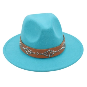 Detail of turquoise fedora wool hat with brown studded leather band and rivets