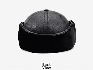 Back view of elderly men's winter leather hat with thick faux fur lining and ear flaps