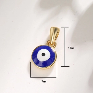 Detail showing a 13mm by 7mm blue Evil Eye pendant with golden metal rim and measurements