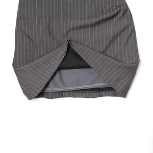 Grey pinstripe sleeveless dress featuring padded shoulders and premium double-layer lining