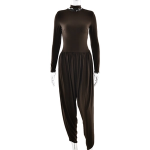 Detailed front view of a dark brown long-sleeve jumpsuit with a high neck on a mannequin