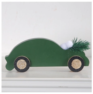 Close-up of green wooden Christmas car ornament with gold star and white snow ball
