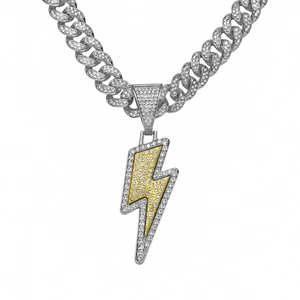 Hip hop style silver Cuban chain necklace with gold and silver iced out lightning pendant
