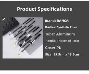 Detail of makeup brush set with synthetic bristles and black quilted PU storage pouch