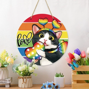Rainbow LOVE round wooden door sign with cute cartoon cat and heart for home decor