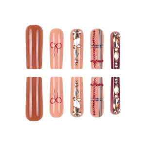Long rectangular press-on nails with red bows, rhinestones, and plaid patterns in wine red