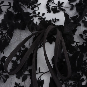 French style sheer black lace blouse with floral embroidery and lantern sleeves