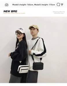 Crossbody box bag with adjustable strap shown on 165cm and 175cm models for scale