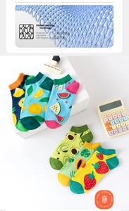 Detail showing high-quality knit texture and fruit patterns on cotton low cut socks