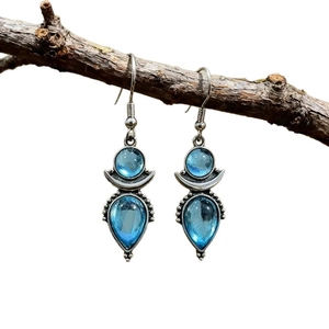 Vintage silver drop earrings with sky blue moonstone resin and teardrop charm