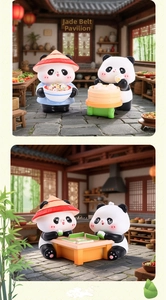 Detail of cute panda figurines playing mahjong and eating in a traditional courtyard scene