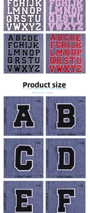 Size chart for chenille letter patches with 8cm height and detailed width dimensions