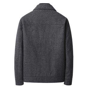Men's dark grey wool jacket in textured tweed fabric, back view with classic collar