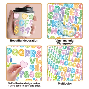 Detail of waterproof vinyl cartoon letter stickers showing multi-color set and usage
