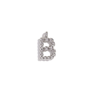 Polished silver stainless steel letter B pendant featuring a unique twisted rope texture