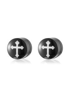 Detail of round black magnetic clip-on earrings with white cross pattern and reflective surface