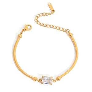 Close-up of 18K gold plated stainless steel bracelet with rectangular zircon and lobster clasp