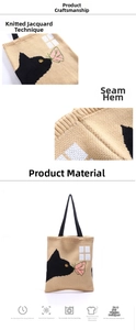 Detail of knitted tote bag with black cat jacquard pattern and fine stitching quality