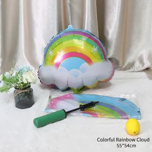 Close-up of rainbow cloud foil balloon set with manual pump and 55x54cm dimensions