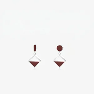 Asymmetric 925 Sterling Silver Earrings Geometric Hollow Diamond Square Circle Enamel Brown Red Jewelry For Women