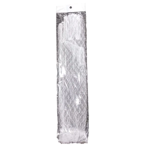 Elegant white tulle bridal gloves with fine mesh texture in clear display packaging