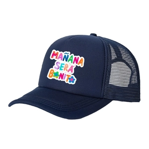 Navy blue trucker hat featuring MAÑANA SERÁ BONITO print and breathable mesh design