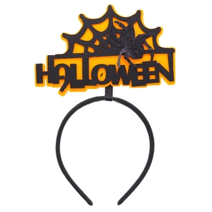 Detail of Halloween headband with orange Halloween letters, spiders and spider web patterns