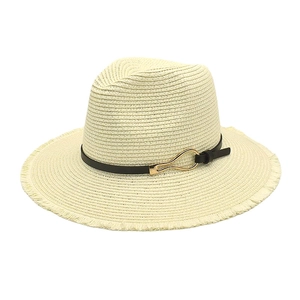 Summer outdoor straw sun hat with black leather band and golden buckle detail