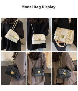 Multiple views of quilted chain shoulder bags in black and white shown on a model