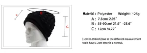 Guide des tailles du bonnet en tricot avec tour de tête 55-60cm et détails en polyester