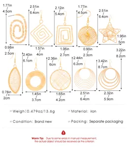 Tabella taglie per 10 orecchini geometrici dorati con dimensioni dettagliate e materiale