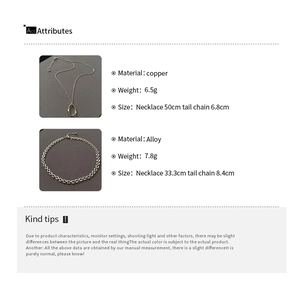 Detailed size and material specs for copper droplet pendant and alloy woven chain necklaces