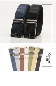 Macro shot of durable canvas belts with smooth metal automatic buckles in multiple colors