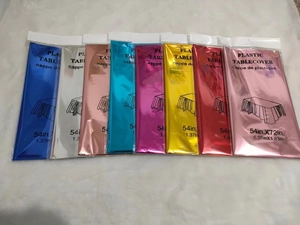 Detailed packaging view showing 8 colors of rose gold and foil tablecovers in 54x72 inches